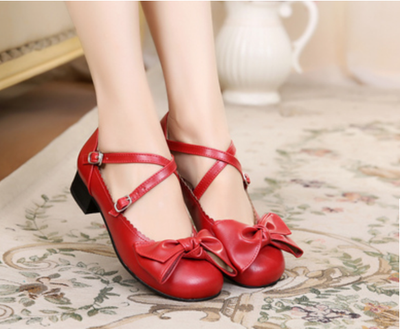 Sosic~Bow and Low Heel Cross Band Lolita Leather Shoes 34 red 