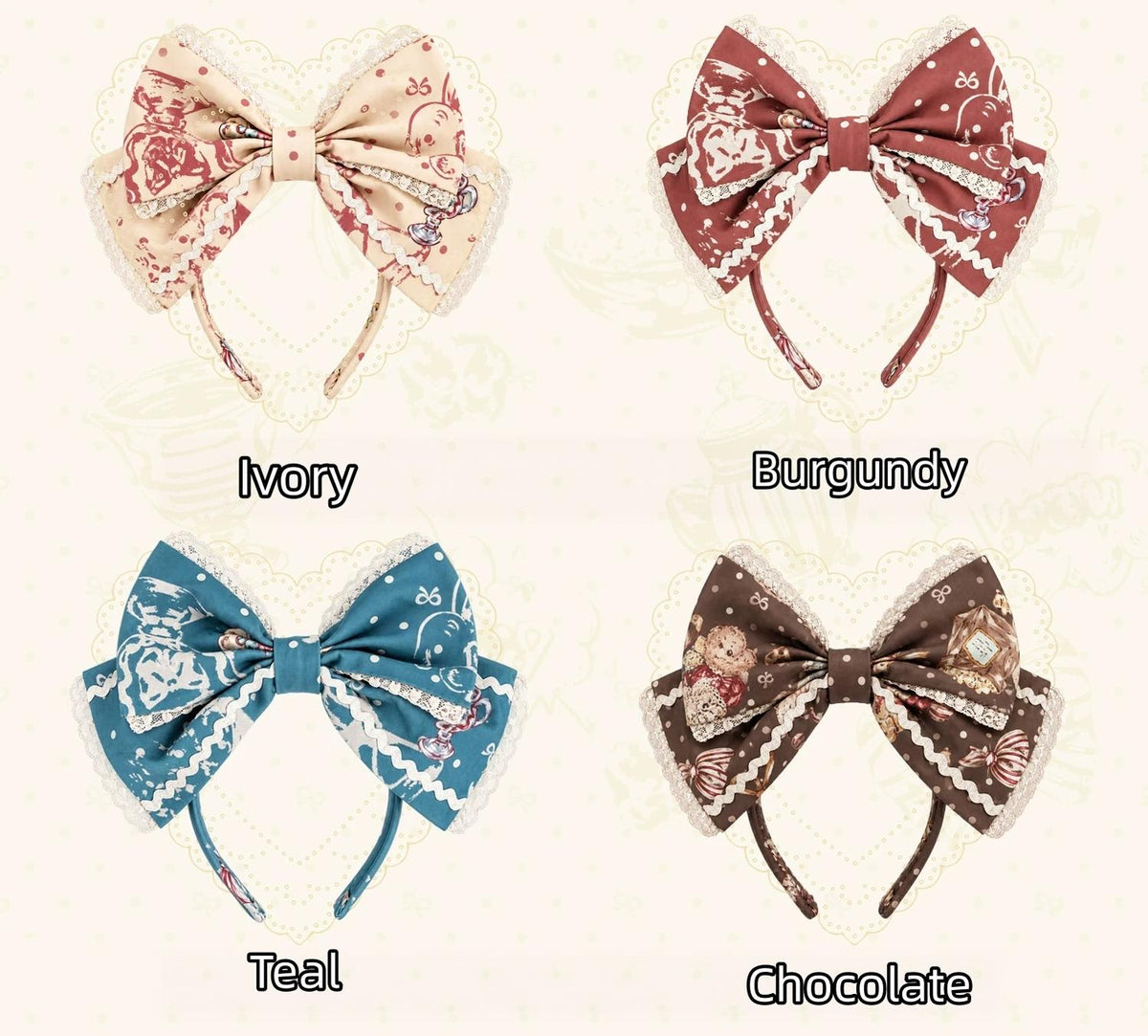 Popcorn Bear - Sweet Lolita OP Dress Set, Bear Tea Party Print (Burgundy Chocolate Ivory Teal / L M S XL XS / KC) 45994:871432