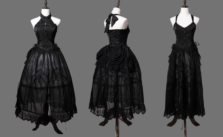 Wuyuzhe~Wolf Hunter~Gothic Lolita SK Set Halter Overskirt Cape Vest S Black- Halter Long Overskirt 