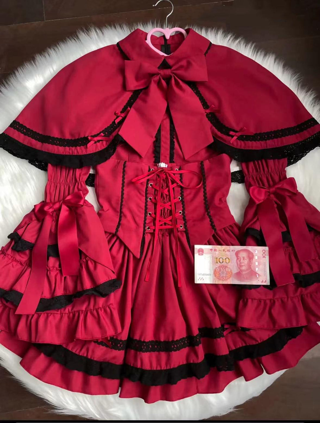 Mengfuzi~Doll Heart~Gorgeous Lolita Dress Vintage OP Cape Set S Red and black full set 