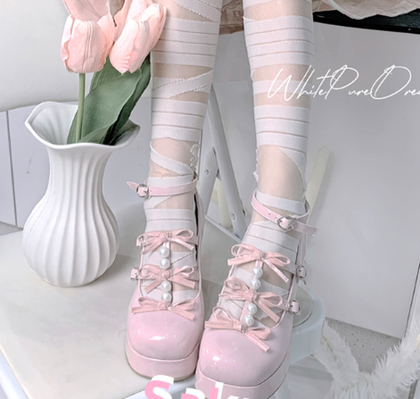 Pure Tea For Dream - Sweet Lolita Platform Pearl Bow Shoes 34 cherry pink