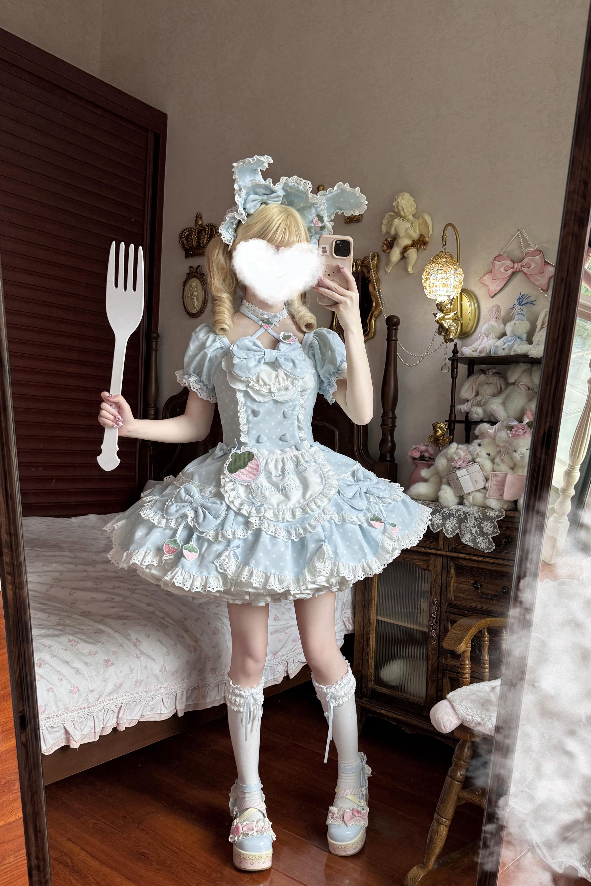 Salty Cream - Strawberry Polka Dot - Sweet Lolita OP Dress, Detachable Apron