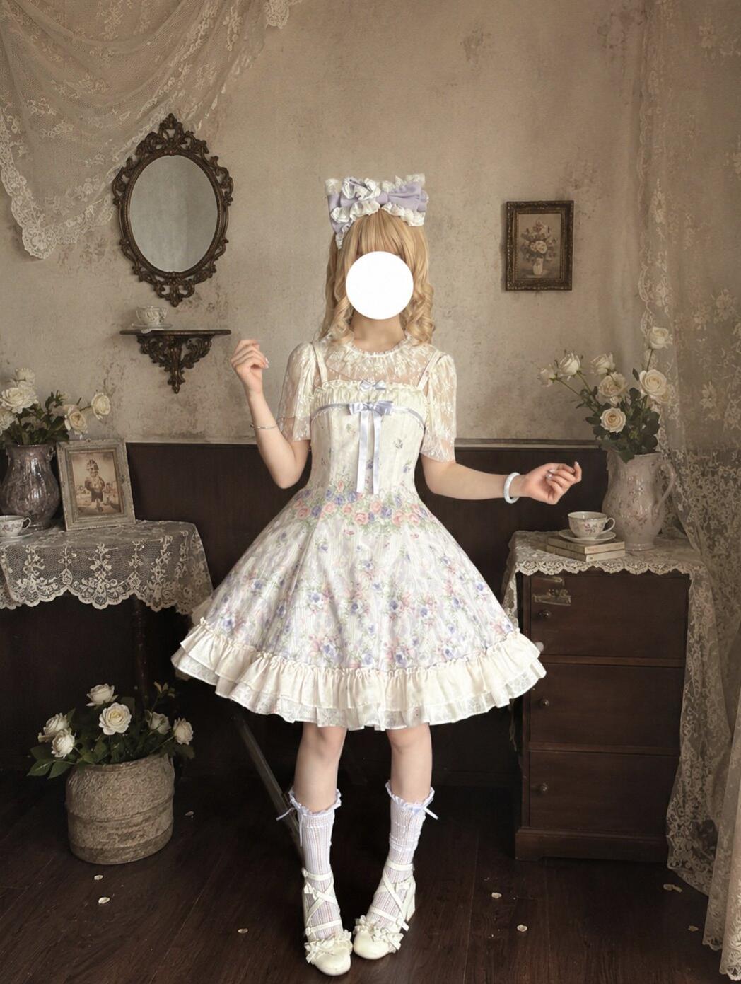 Yuri's Garden - Classic Floral Printed Lolita Dress with Lace (2XL L M S XL XS) 45541:852310