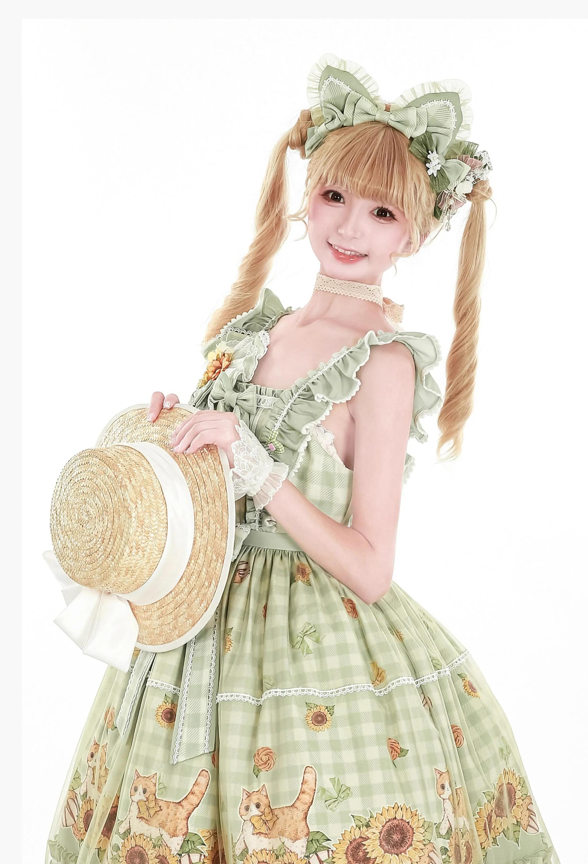 Chaton Jardin - Sunny Cat - Sweet Lolita Cat Ear KC Plaid Flower Ball Brooch