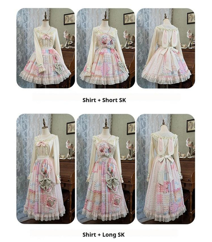 Mewroco~Country Patchwork~Sweet Lolita Dress Set Print OP SK Shirt and Camisole