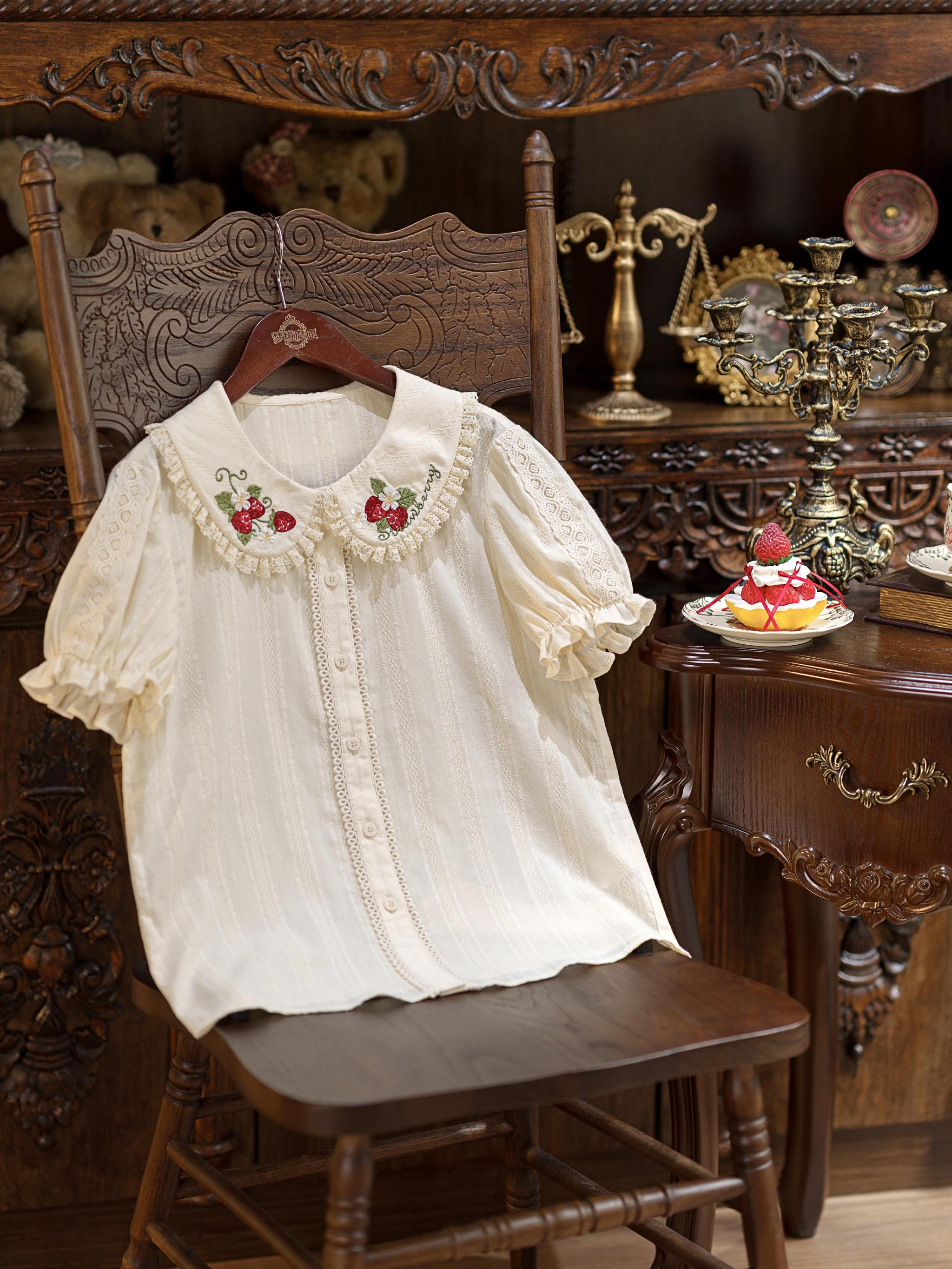 Abundant Tea Time - Kawaii Lolita Blouse, Cotton & Embroidery Red Strawberry S