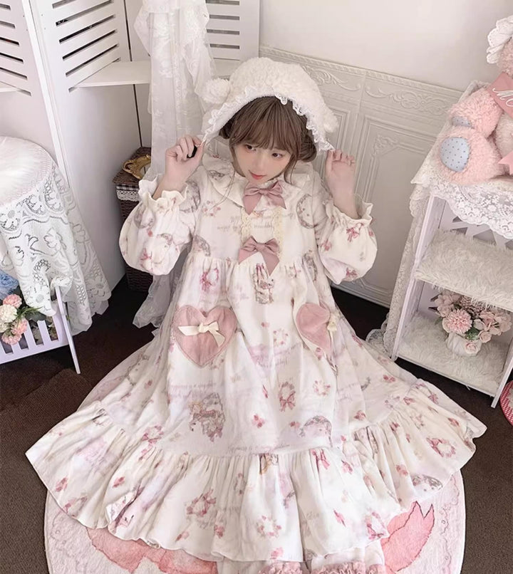 Baduoni~Starry With Moon~Winter Sweet Lolita Nightgown Dress Flannel Dree with Pants