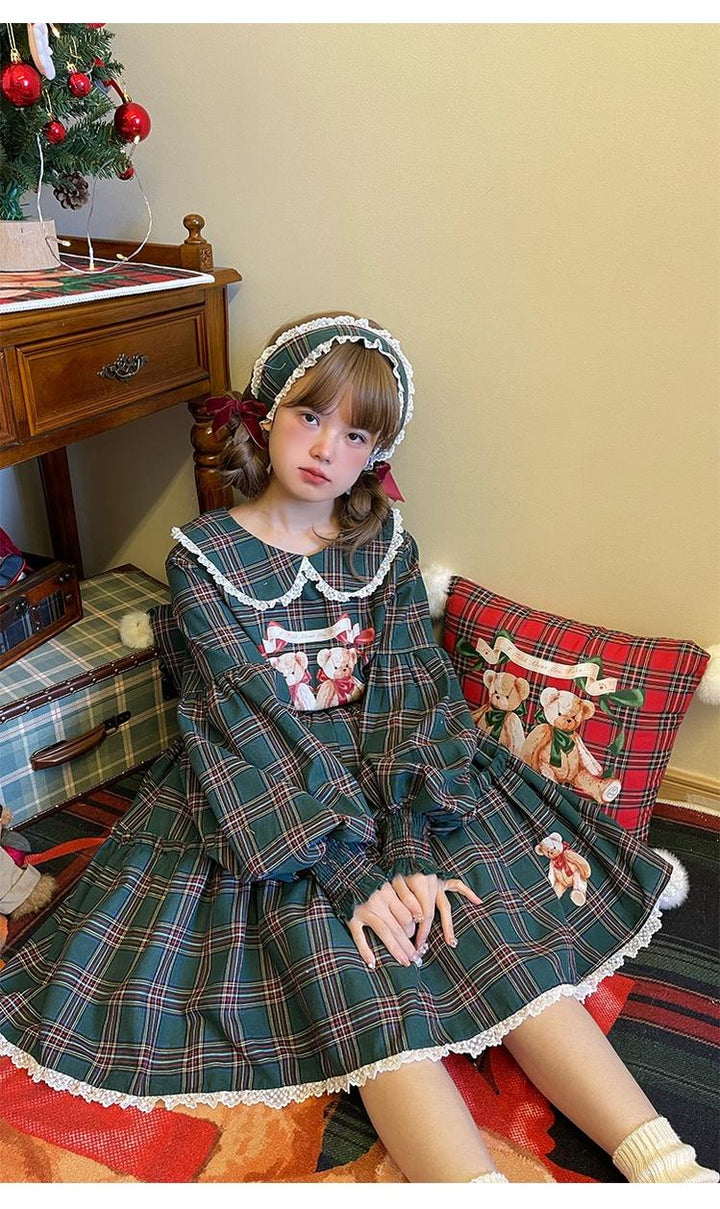 (BFM)Labeau~Christmas Vintage Lolita Skirts Doll Collar Blouse Plaid Skirt Set   