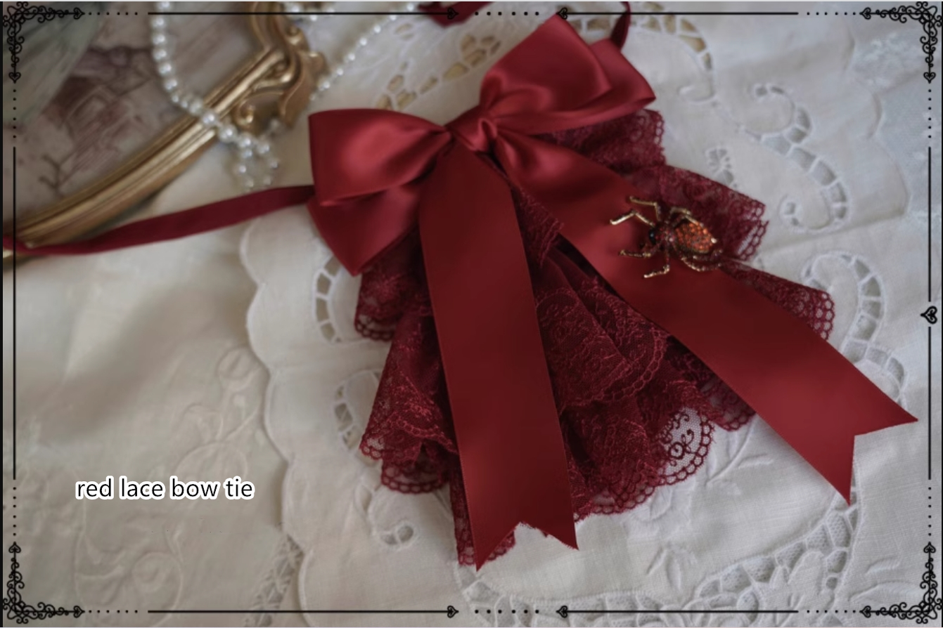 (BFM)Moon River~Gothic Lolita Dress in Red and Black Color S red lace bow tie (with spider brooch) 