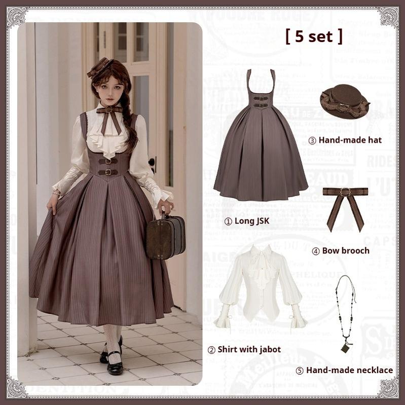 With PUJI~Ouji Lolita Shirt Bust-supporting JSK Dress S Long Bust-supporting 5-piece Set (Long JSK Dress+ Shirt+ Hat+ Brooch + Necklace) 