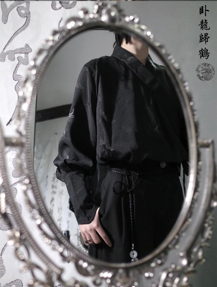 CastleToo~Chinese-style Han Element Zhongshan Suit Dragon and Crane Pattern S Black shirt only 