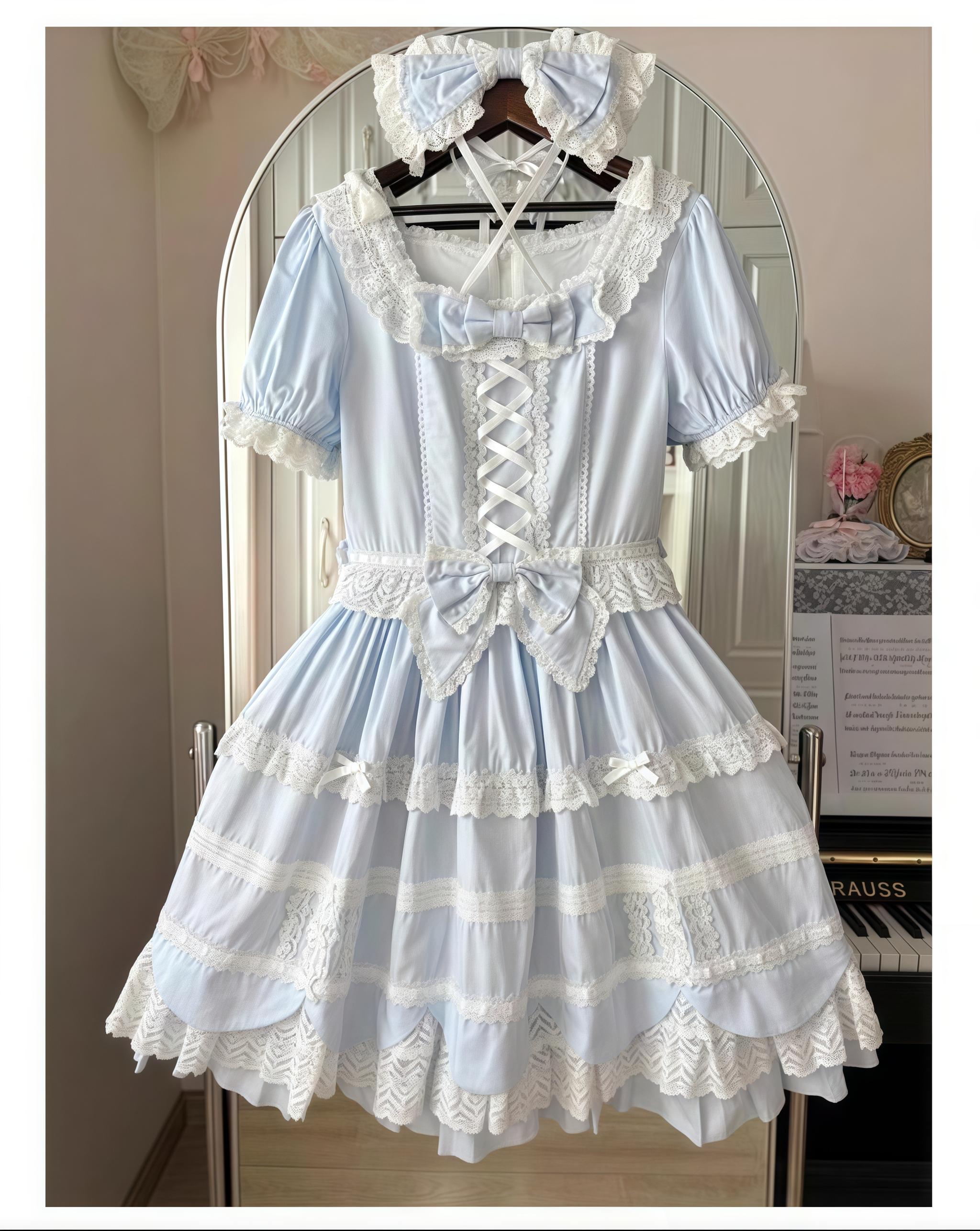 AerialCat~Cream Petals~Old School Lolita OP Tiered Ruffles Cotton Dress 42762:752792