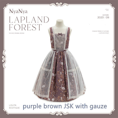 (Buyforme)NyaNya~ Lapland Forest~ Lolita Elegant Vintage Floral JSK OP Dress Pre-order (4-5 months before shipping ) Free size with gauze JSK-purple brown ( without pockets)