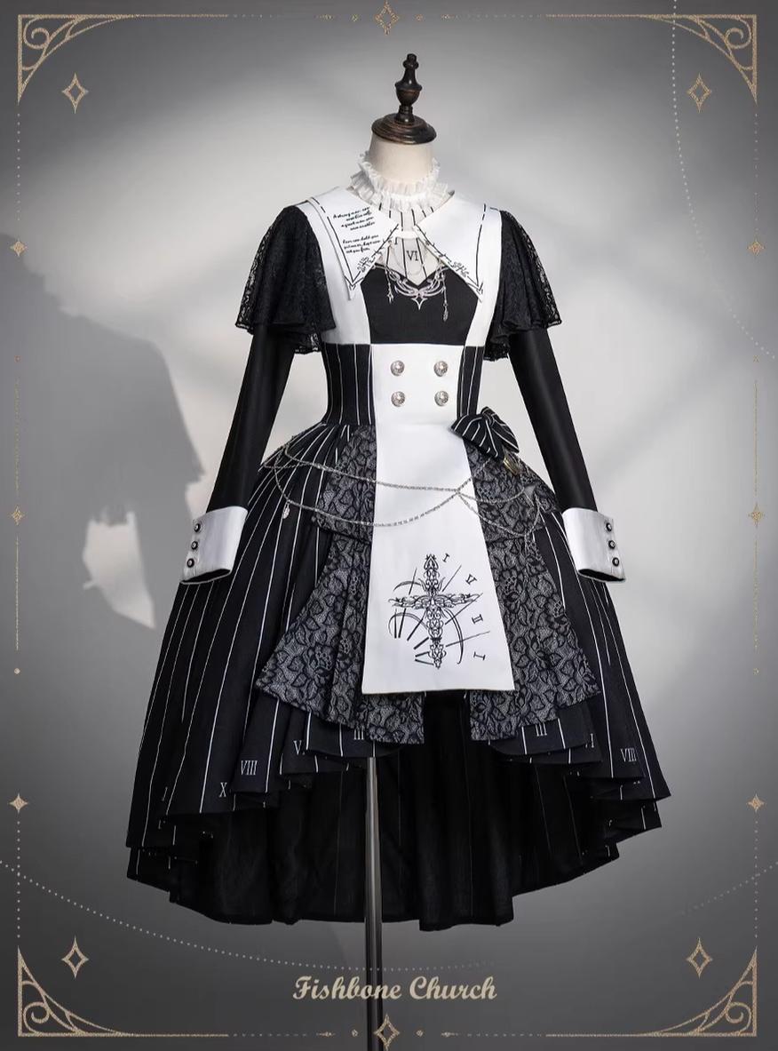 The Choir of the Church - Striped Gothic Lolita Dress Set, High-low Hem