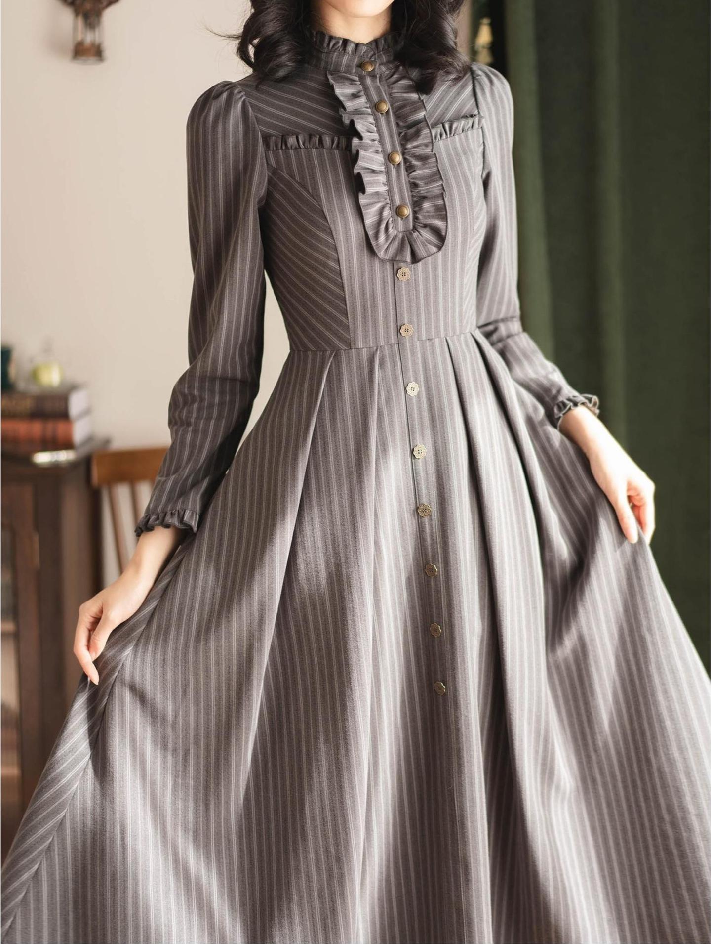 Forest Castle - Classic Lolita Long Striped Dress, Irregular Hem Vest 44441:809885
