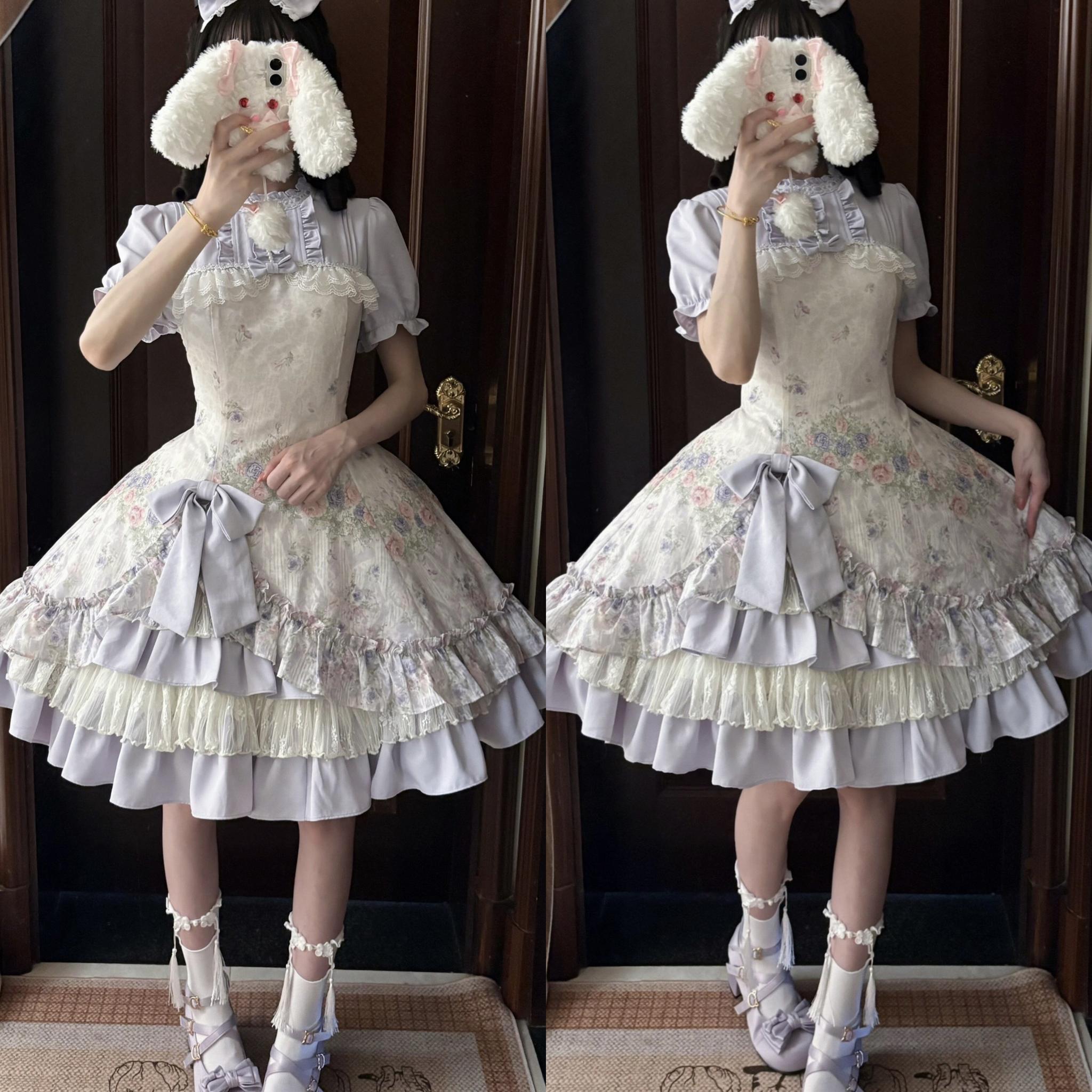 Yuri's Garden - Classic Floral Printed Lolita Dress with Lace 45541:852328
