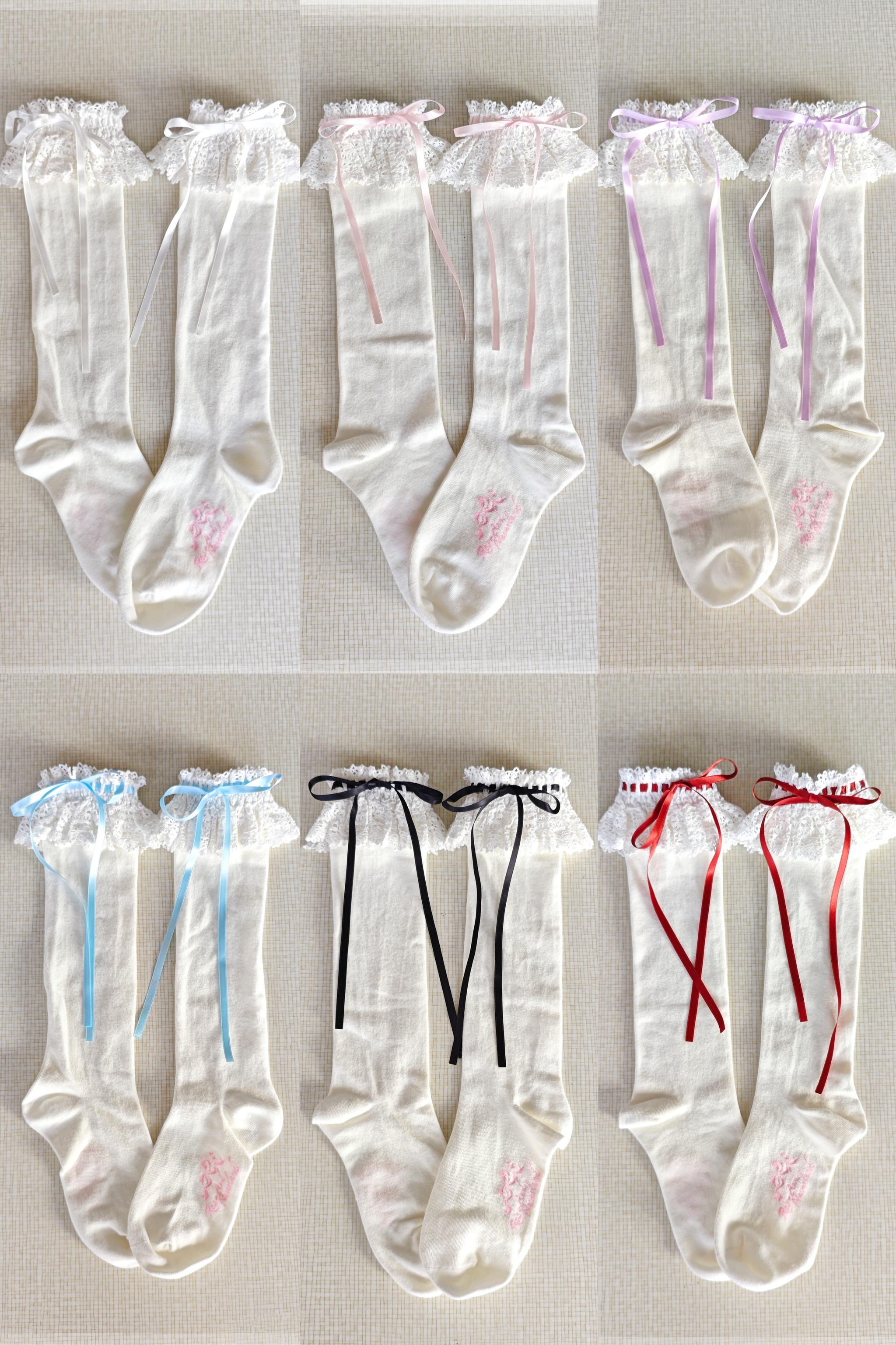Cotton Old School Lolita White Socks with Colorful Ribbon Bows 45537:853905
