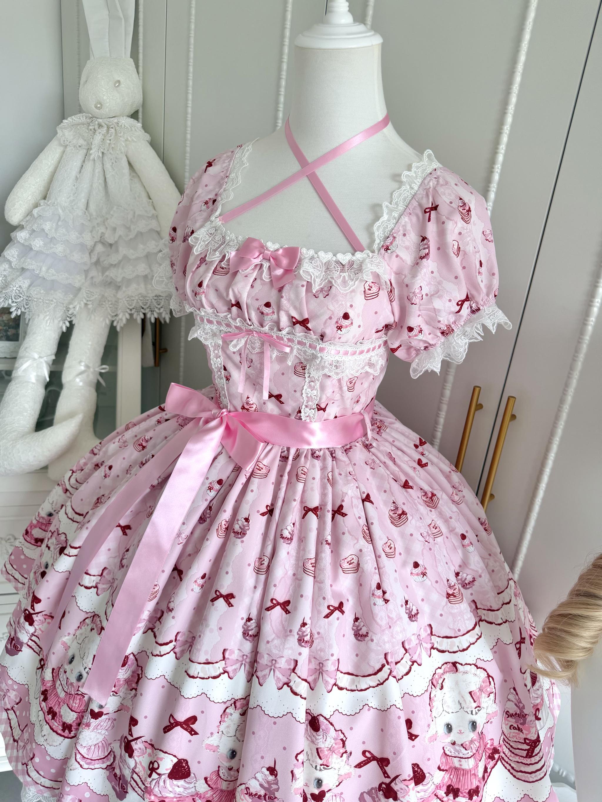 Lamb Strawberry - Sweet Lolita Lamb Printed OP Dress with Halter Neck