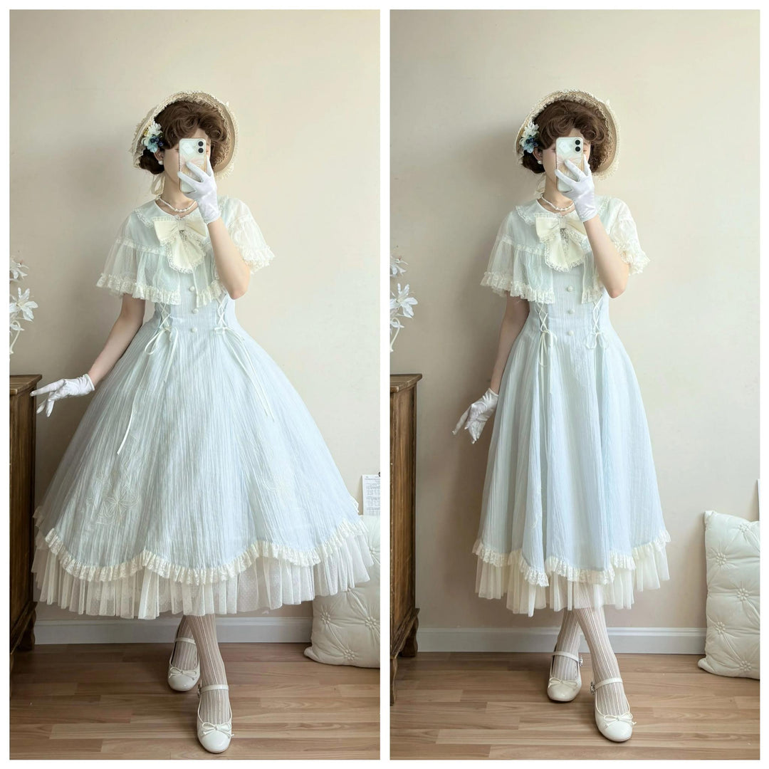 Kuma~Little Wind Chime~Elegant Lolita OP Water Blue Dress With Decorative Tulle Cape