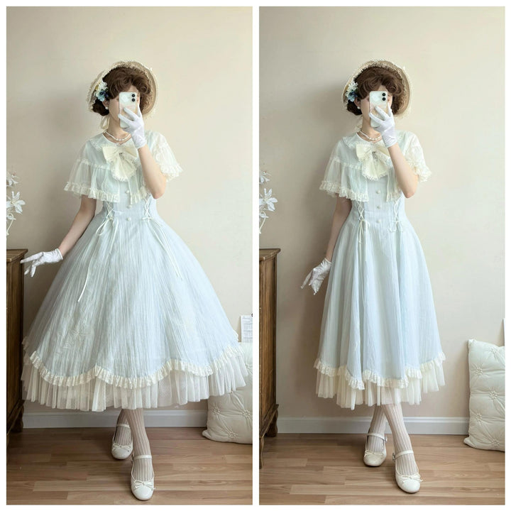 Kuma~Little Wind Chime~Elegant Lolita OP Water Blue Dress With Decorative Tulle Cape