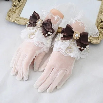 Xiaogui~Vintage Lolita Gloves Lace Bow Bead Chain Sunscreen Gloves coffee  