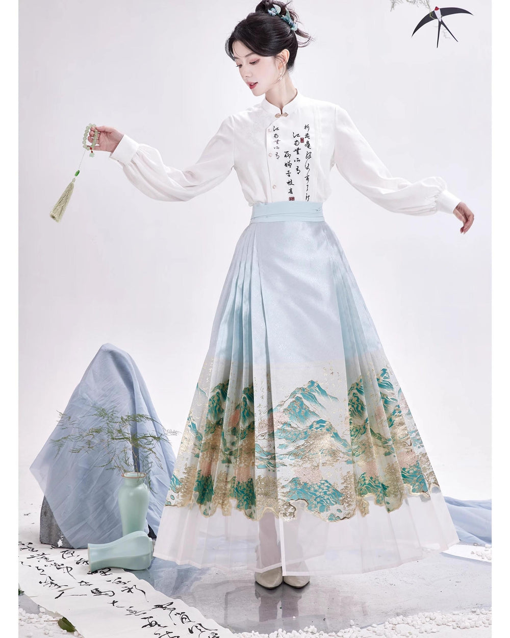Chixia~Chinese Symbol of Misty Landscape~Han Lolita Skirt Printed Blouse and Floral Horse-Face Skirt S blouse + sky blue horse face skirt 