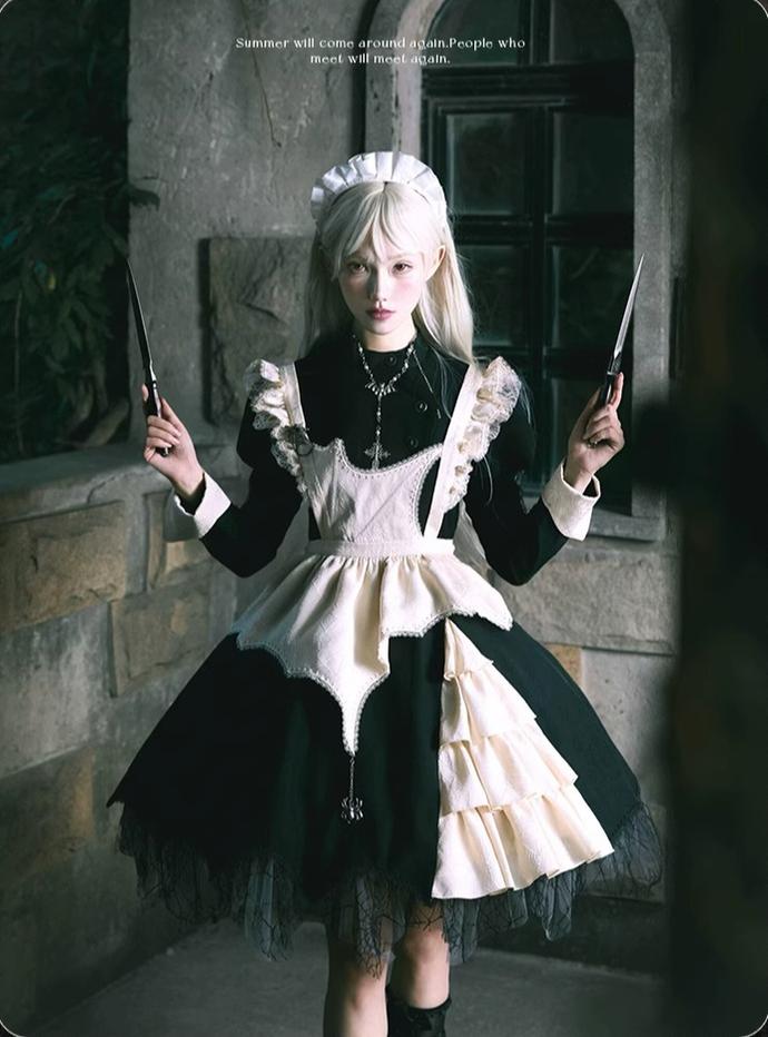 Sakurahime~Spider Dream~Gothic Lolita OP Dress Maid Lolita Built-in Fishbone Detachable Apron