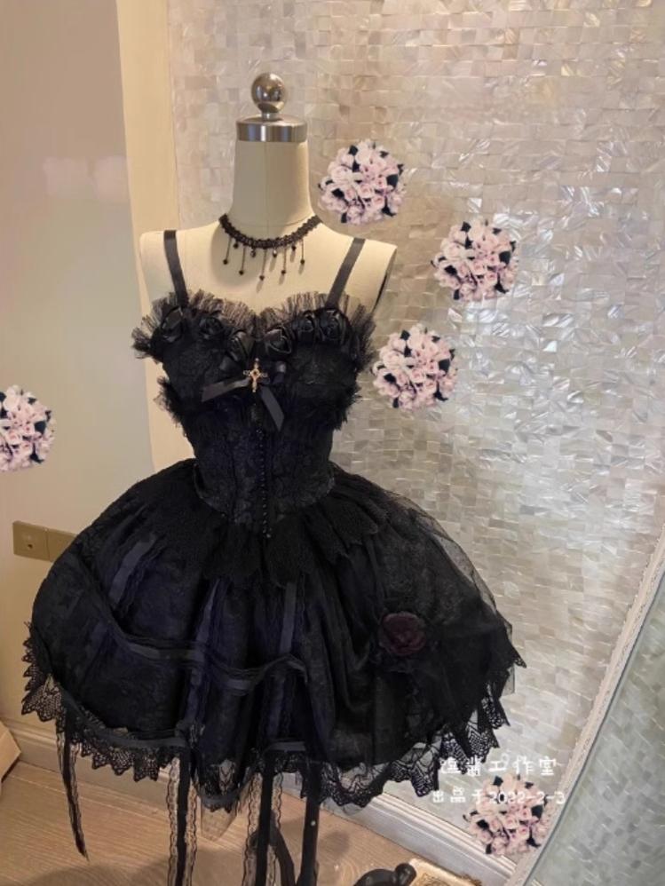 Doujiang - Rose Cage - Gothic Lolita Dress Black Suspender Dress One Size Suspender dress+choker