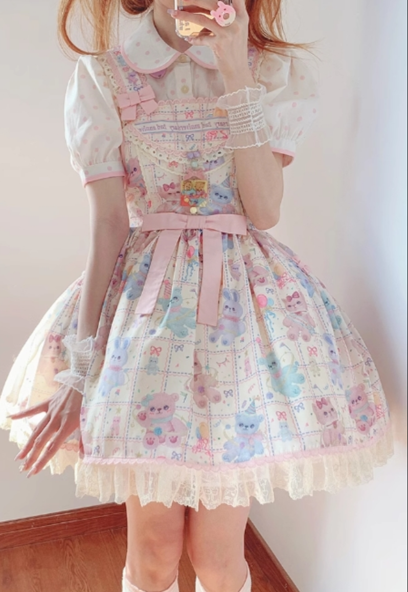 Starry Pudding Bear - Sweet Lolita Bear Printed JSK & OP Dress 39242:860202