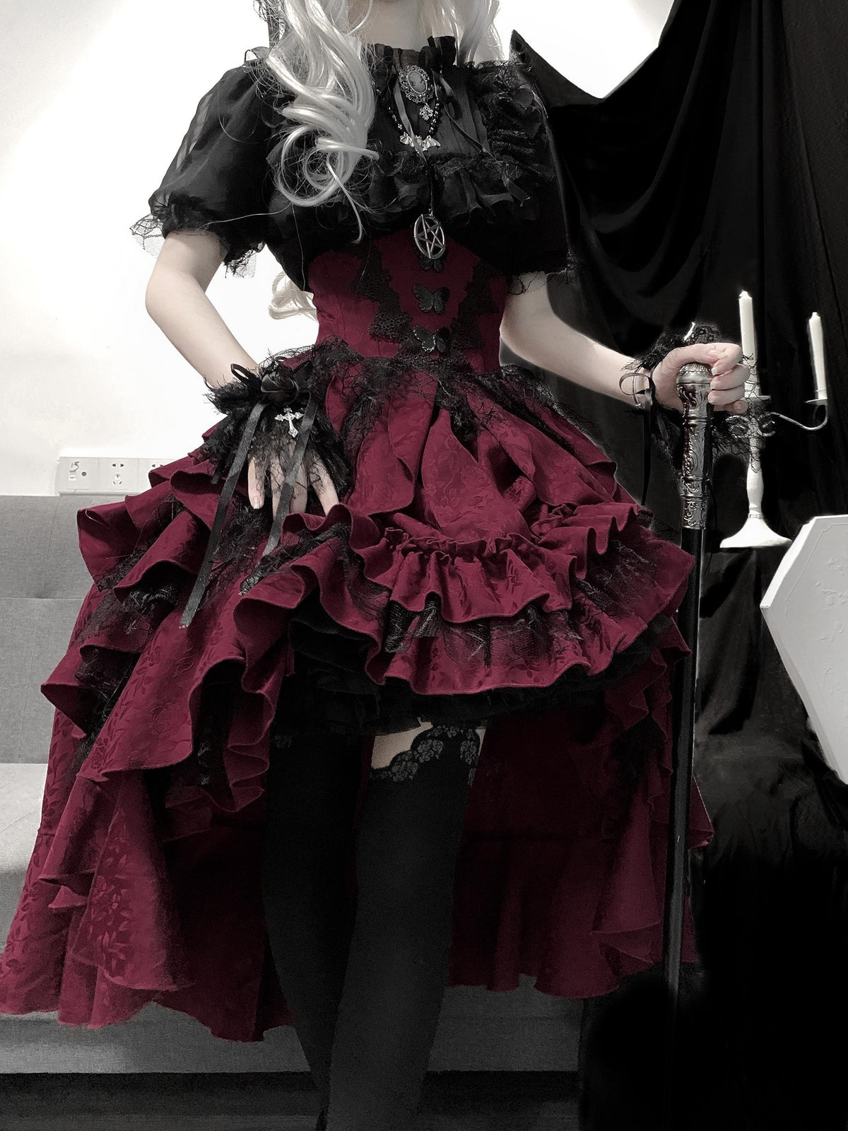 Mistshroud Manor - Gothic Lolita Blouse & Boned Waist SK, Drawstring Lift-up Hem 45909:867722