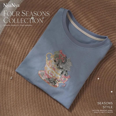 (BFM)NyaNya~Four Seasons Collection~Sweet Lolita T-shirt Summer Loose Fit Embroidered T-shirt S Blue - Afternoon Tea 