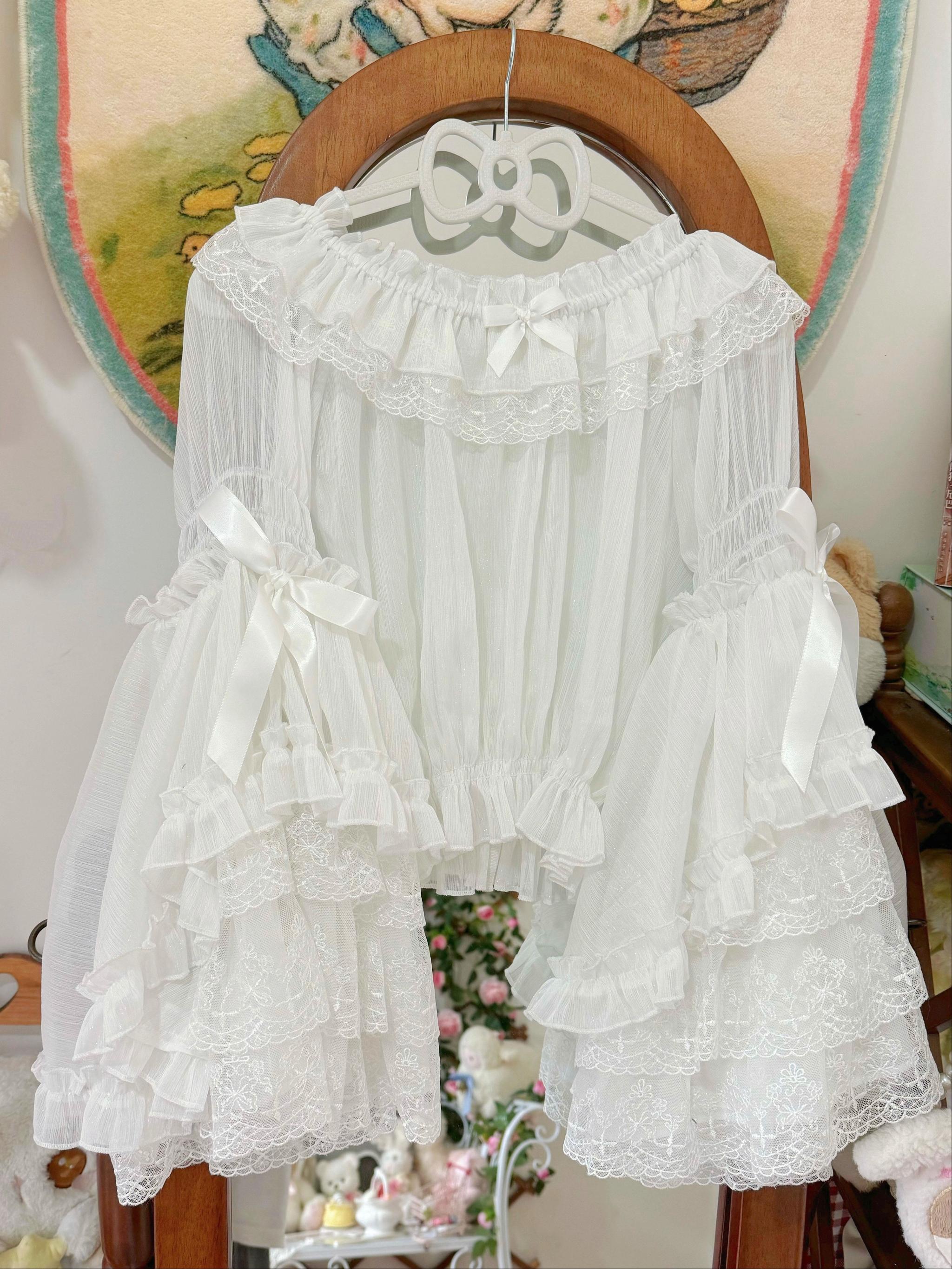 Vintage Lolita Hime Sleeve Blouse, Off-shoulder Design White S
