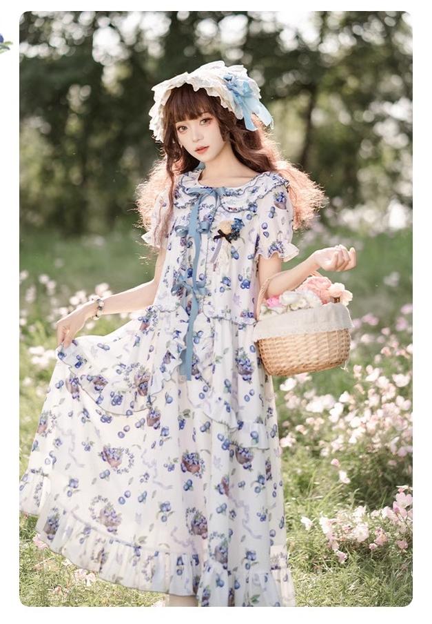 With PUJI~Berry Basket~Country Lolita OP Dress Blueberry Print Dress   