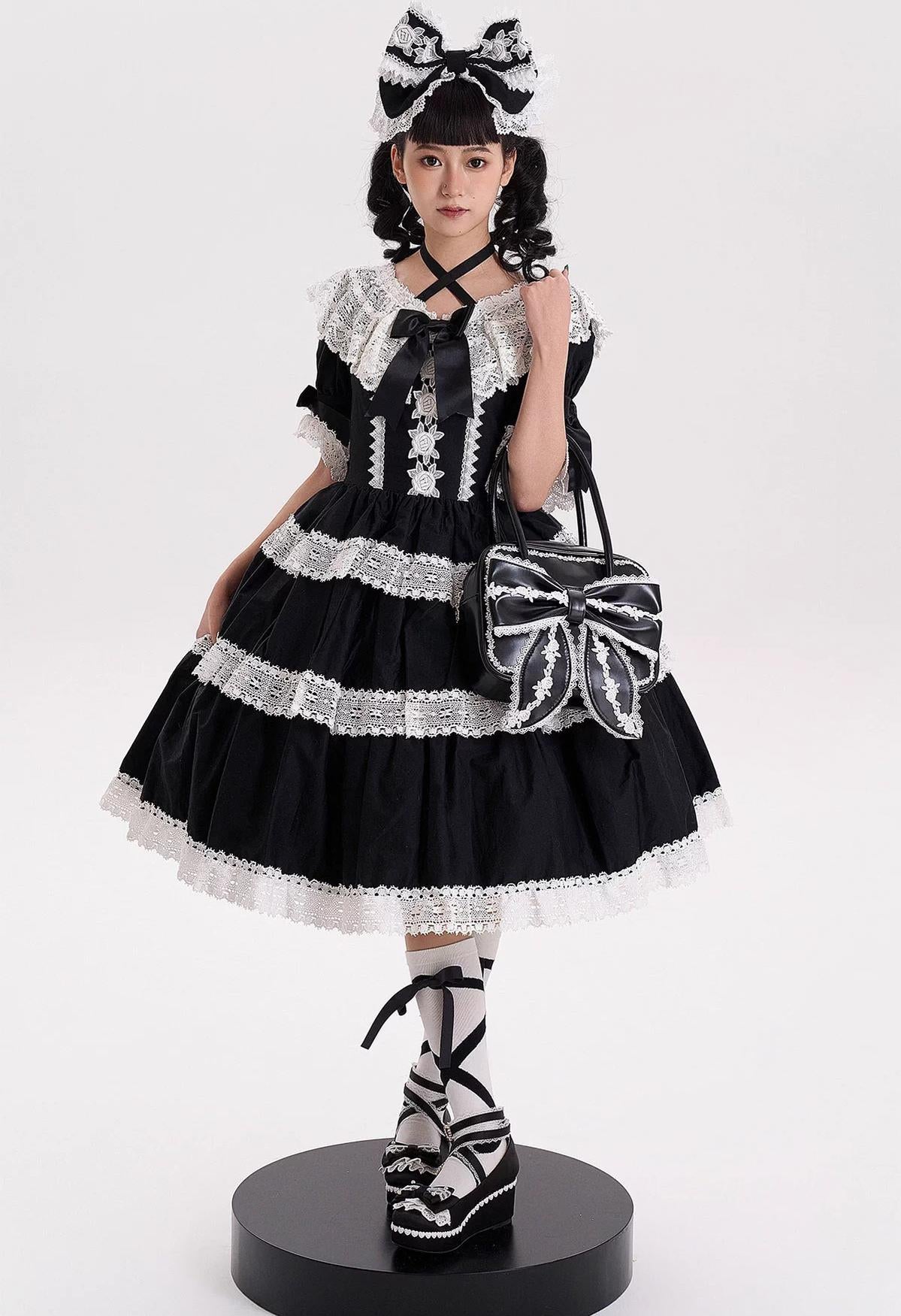 Sheep Puff - Old School Lolita Bag, Ear-Like Bow & Floral Lace