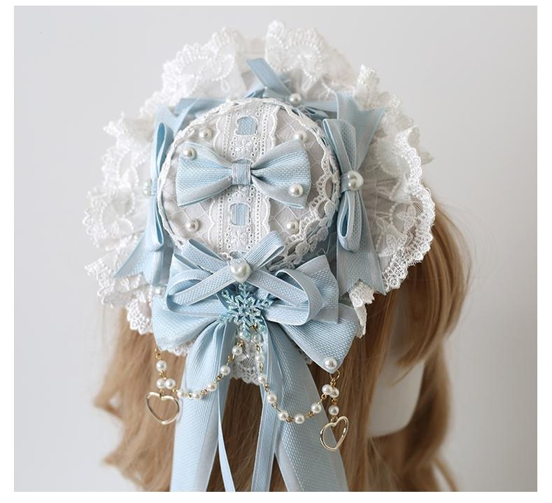 Xiaogui~Christmas Classic Lolita Lace Bow Ice Blue Bonnet 32214:384858