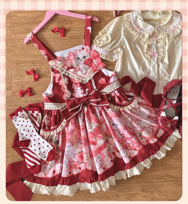 Mewroco~Strawberry Cat~Sweet Lolita Dress Suit JSK and Salopette with Cat Prints (L M S XL) 42105:734044