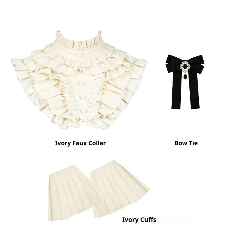 Old Covenant - Classic Lolita Jacquard OP Dress, Petal-Shaped Boned Waist Ivory Faux Collar + Bow Tie + Ivory Cuffs S