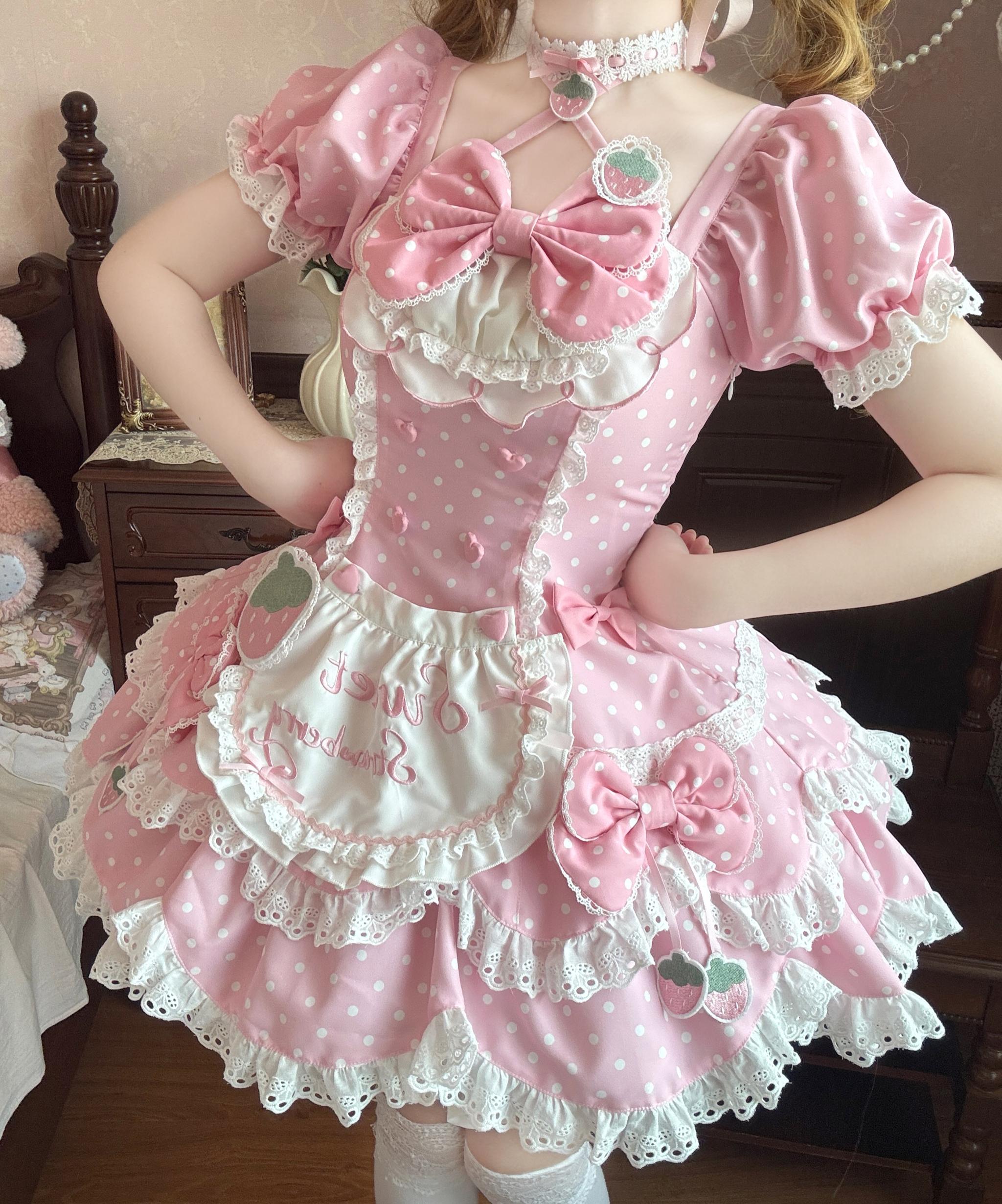 Salty Cream - Strawberry Polka Dot - Sweet Lolita OP Dress, Detachable Apron