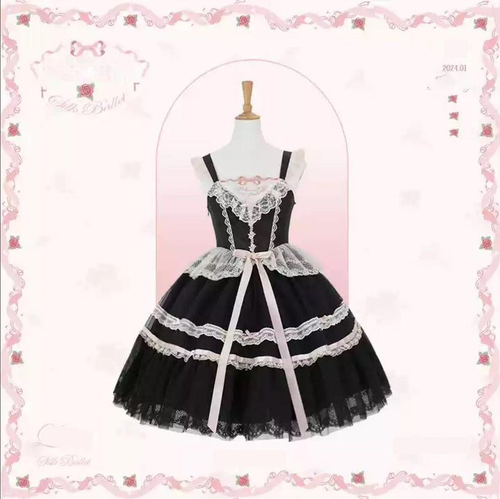 Mademoiselle Pearl~Silk Ballet~Wedding Lolita JSK Dress Princess Ballet Dress XS Medium JSK (Black-pink with black lining) 