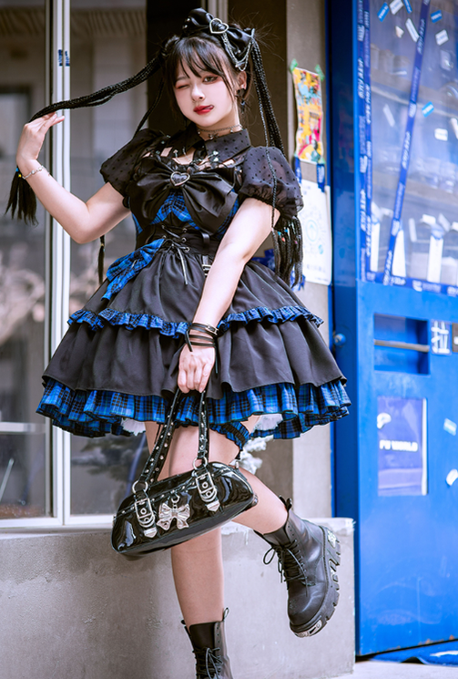 Alice Girl~Gothic Lolita Dress Blue Plaid Jumper Dress   