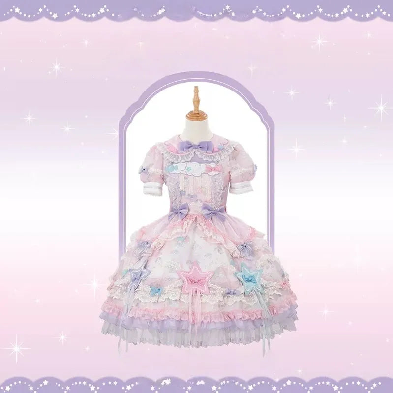 Little Twin Stars - Cotton Lining Sweet Lolita Dress Set, Unicorn and Star Print (L M S XL XS) 45655:857272