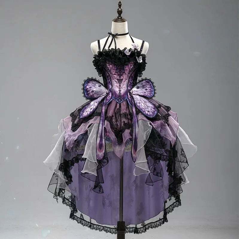 Dead Leaf Butterfly - Chiffon Gothic Lolita JSK, Irregular Tiered Skirt Purple - Top + SK + Detachable Butterfly Panel (3.0 version) S