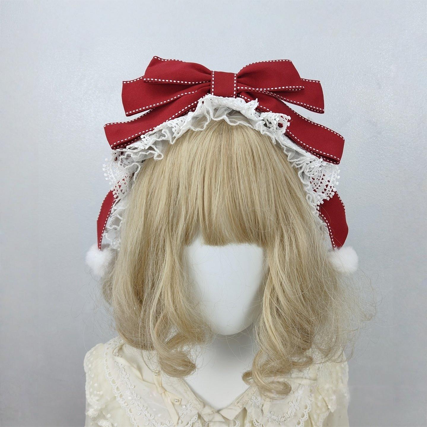 Sweet Lolita Lace Bowknot KC, Pom-pom Accent KC Burgundy with White Trim