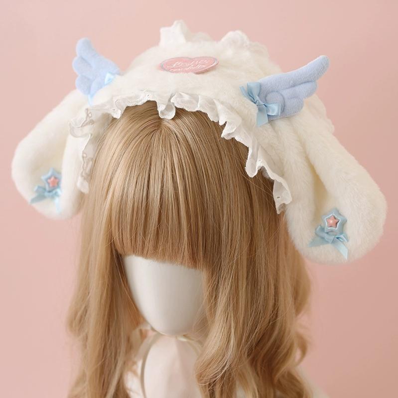 Xiaogui~Kawail Lolita Headband Plush Bunny Ears Wings Headdress Plush Wing Bunny Ears Hairband (Blue)  