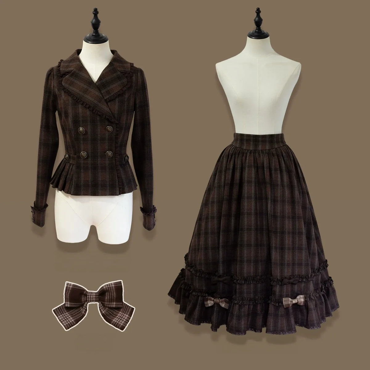 Filled Chocolate - Winter Classic Lolita Plaid Coat Set, Detachable Plush Collar (L M S XL XS) 45900:867150