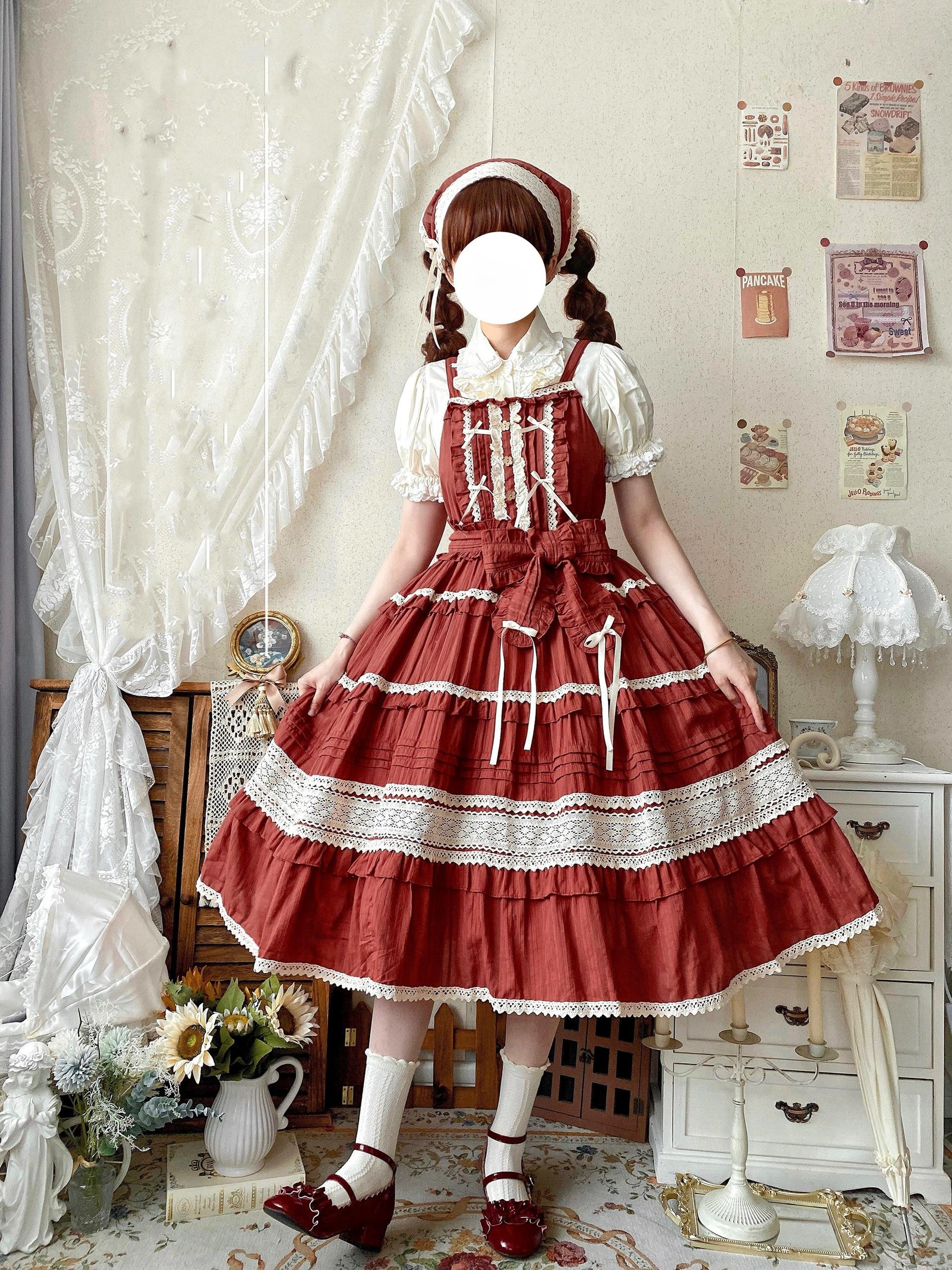 Qianmu - Summer Floral Tea - Country Lolita Cotton Jumper Dress Burlap Dress S Roselle (rust red)