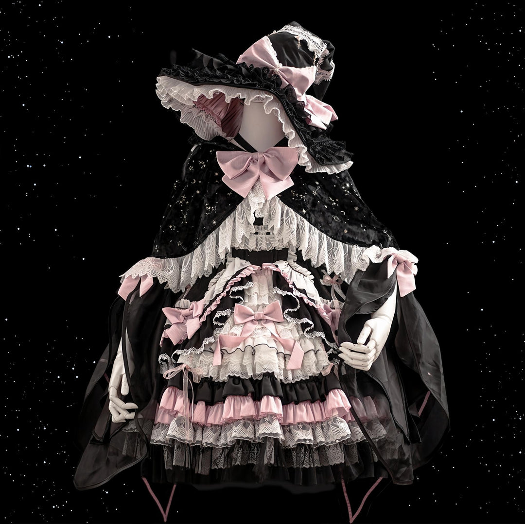 FelinaeCookieLolita~Witch Pawnshop~Gothic Lolita JSK Outfit with Cross Pearl Details Black Pink A Full Set