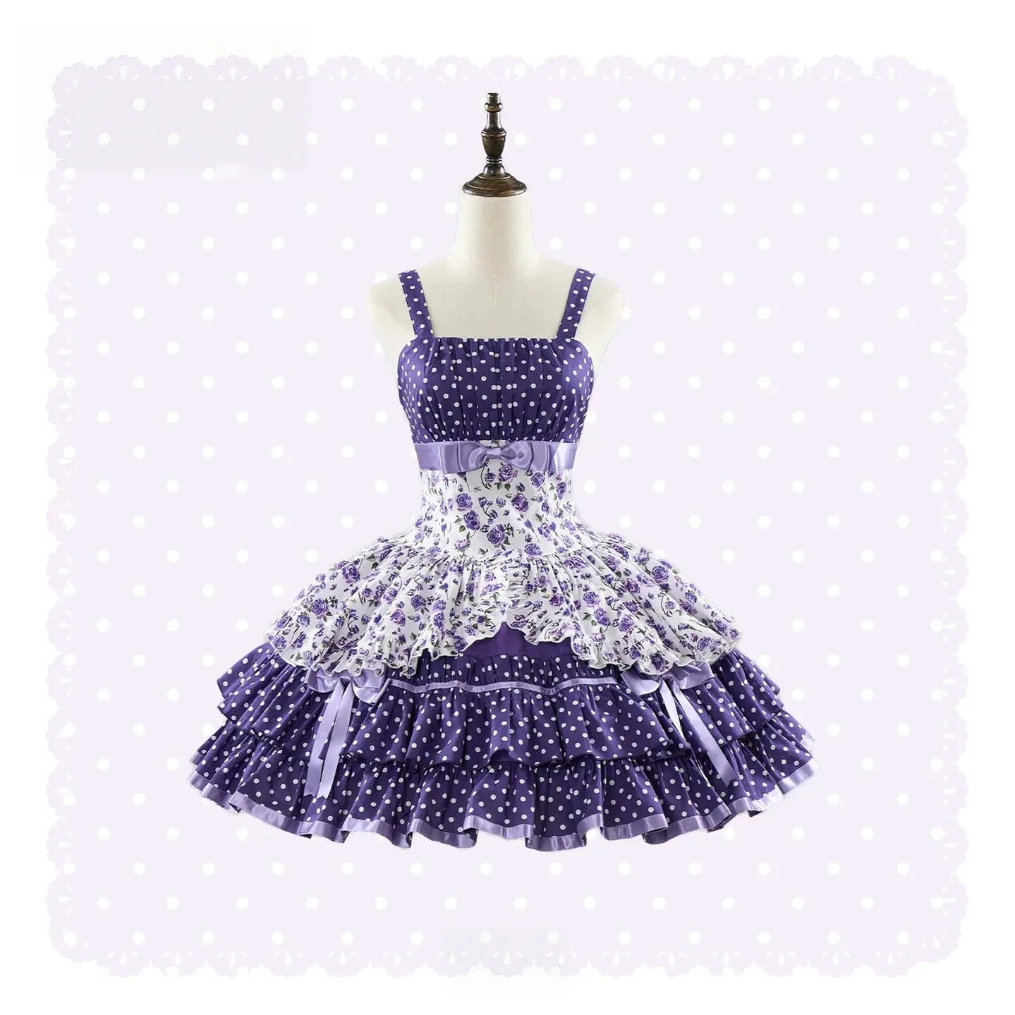 Libobo - Cotton Old School Lolita JSK Dress, Polka Dot & Floral Print 45878:866100