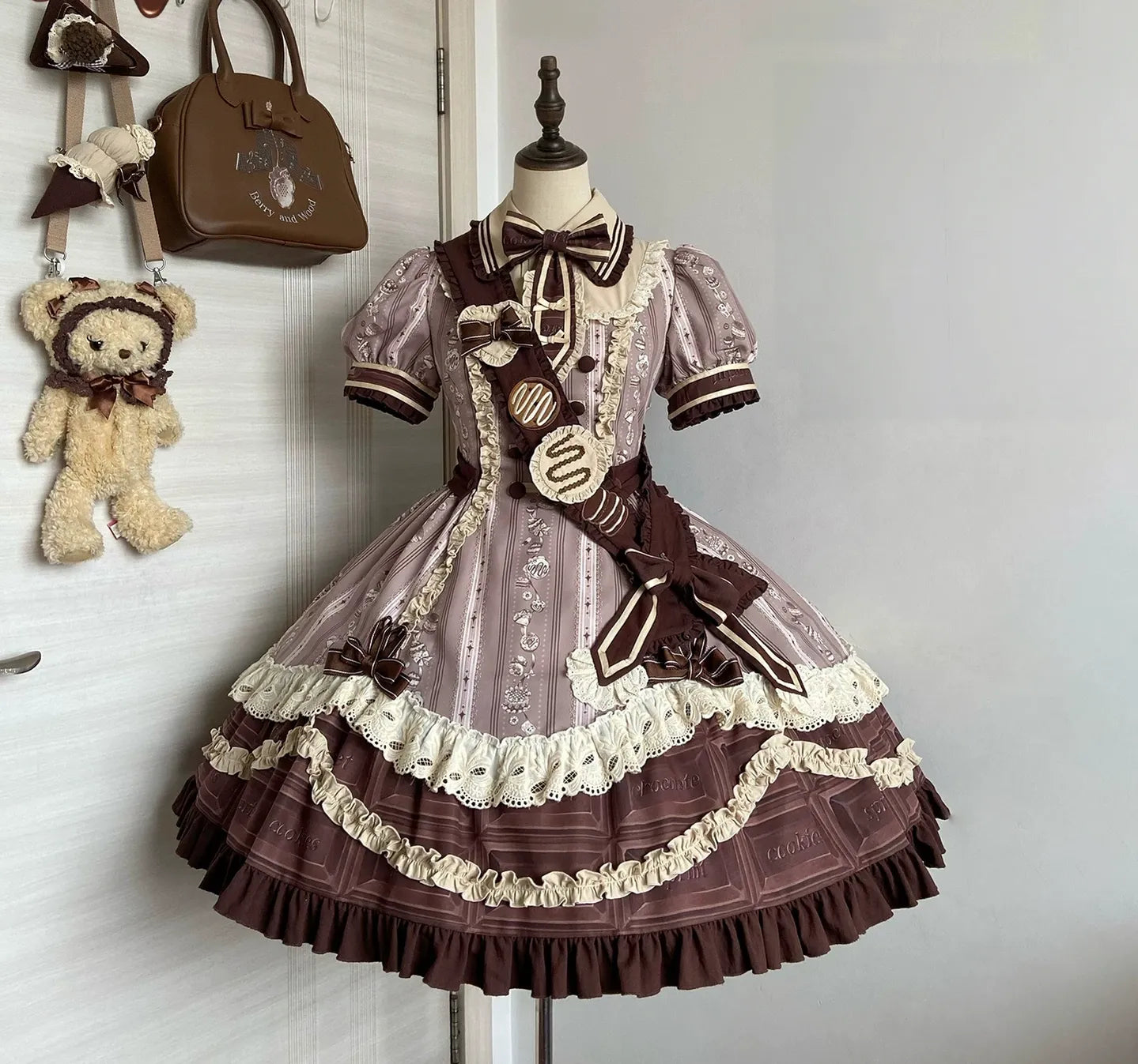 Chocolate Cone - Kawaii Lolita Dessert Print OP Dress, Detachable Sash Set (L M S XL) 45782:862688