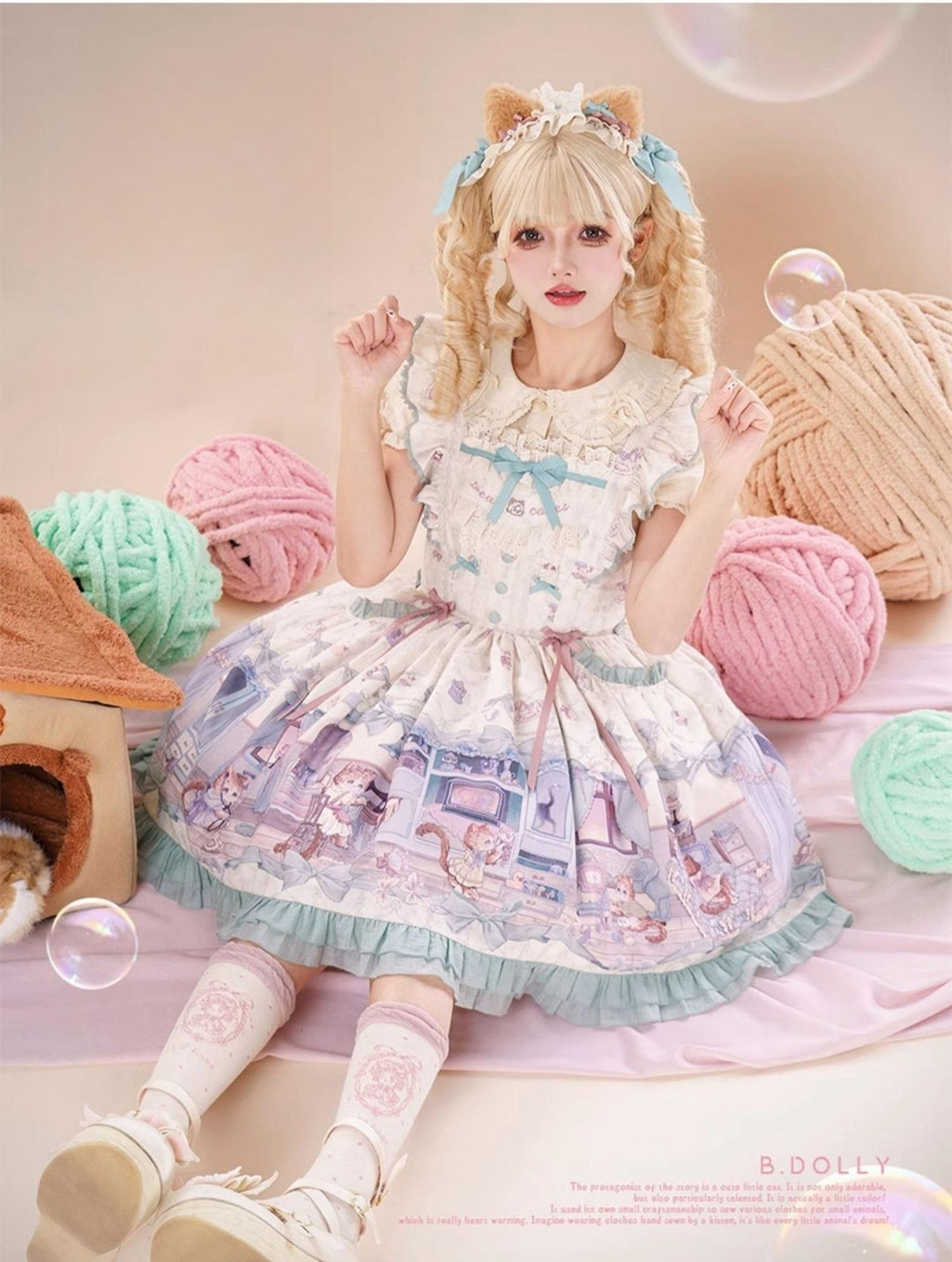 Baduoni~Dream Core Childhood~Kitty Printed Sweet Lolita JSK with Cute Headband